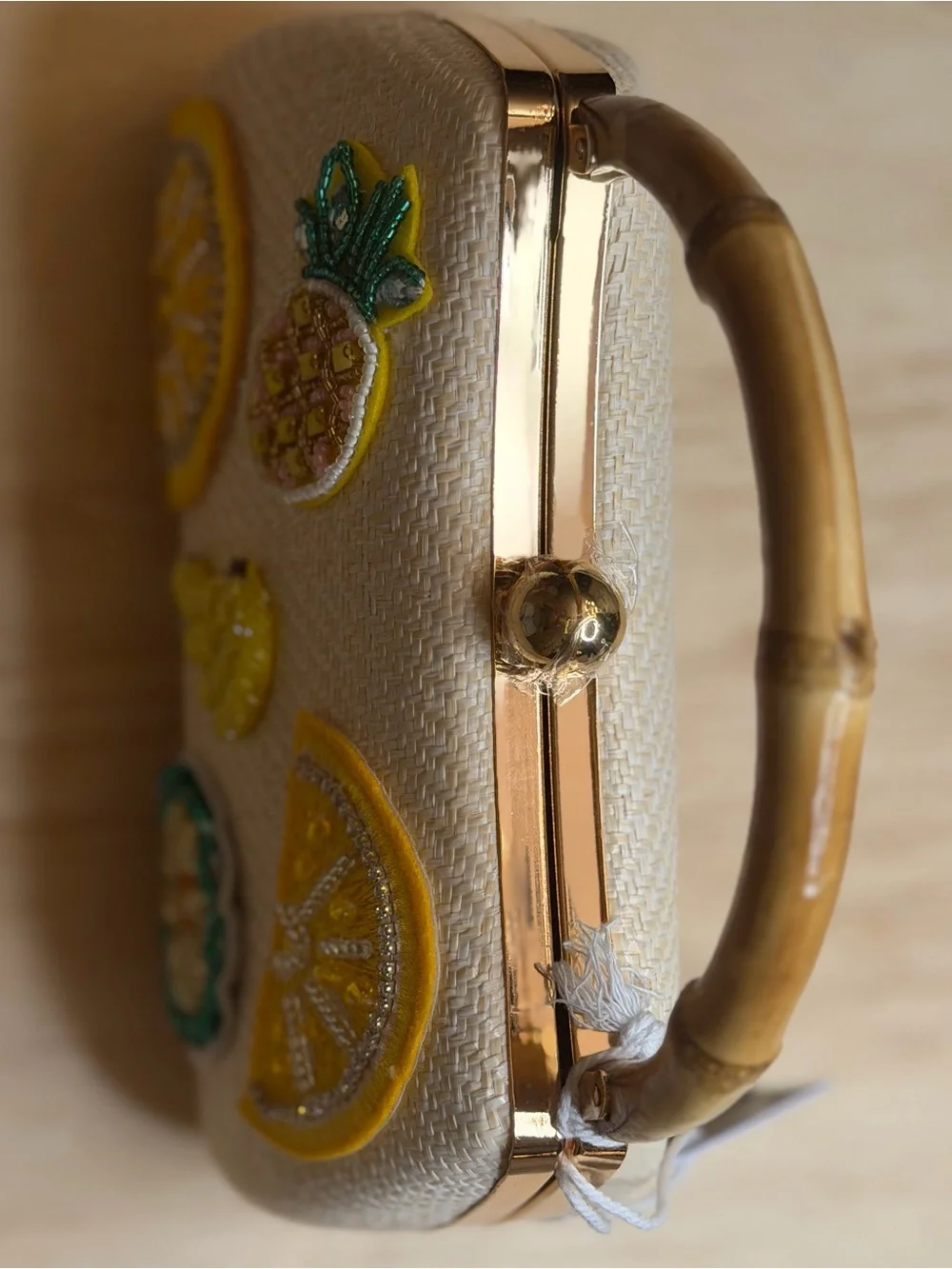 NWT HAUTE HIPPIE Cream Straw Top-Handle Bag with Citrus Appliqués - Picture 5 of 10